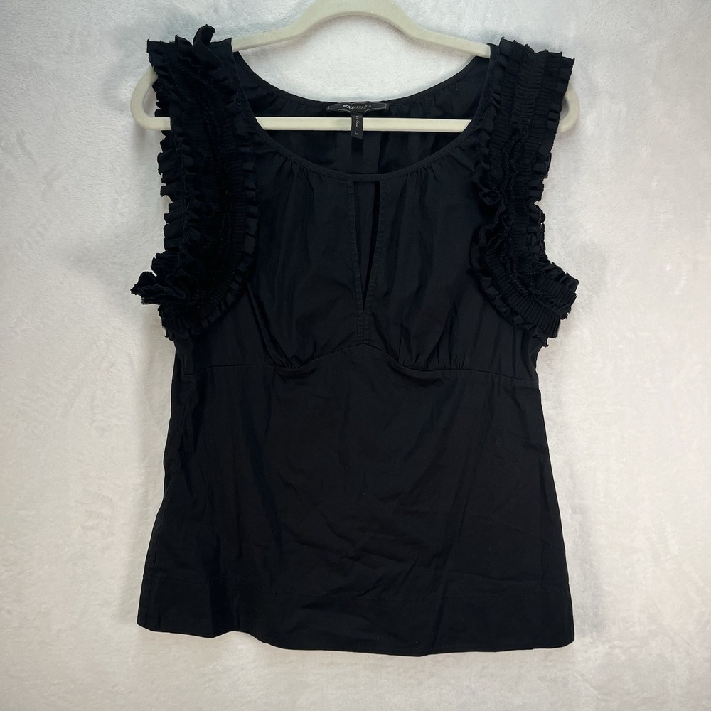 BCBG Maxazria Sleeve Ruffle Strap Blouse Shirt Women Medium Black Front Keyhole